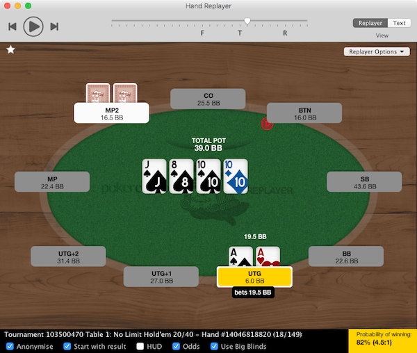 Poker Copilot's Hand Replayer showing Pocket Aces with Ace-High Flush draw